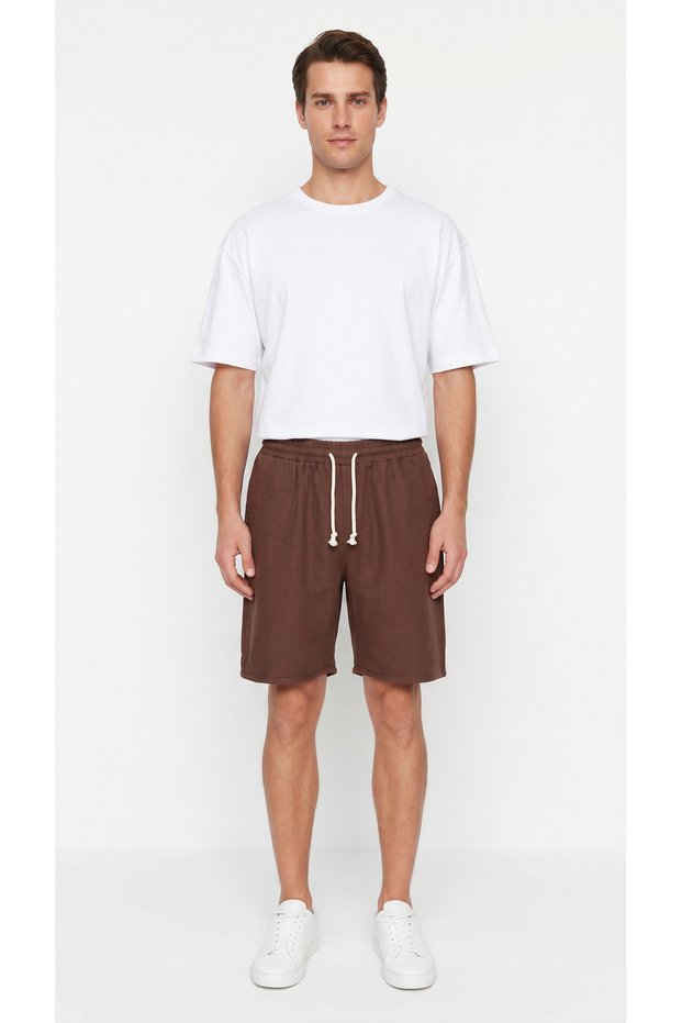 Men's Brown Color 100% Cotton Linen Muslin Shorts with Back Pockets and Laces