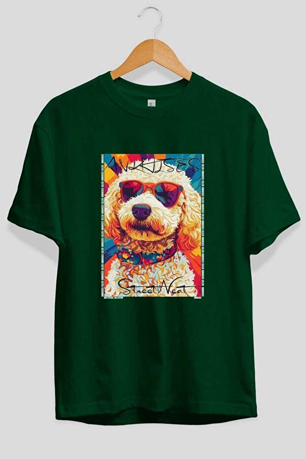 For Dog Lovers 50 Dog Prints on the Front Green Oversize T-Shirt 100% Cotton Unisex Dog Lover Premium Design