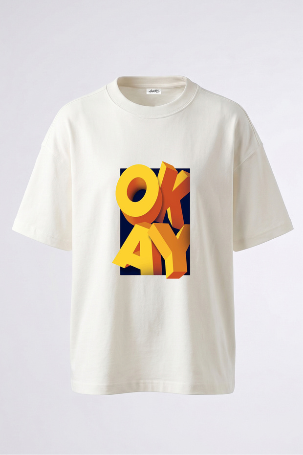 3D Okay Design Back Printed Cotton White Oversize T-Shirt