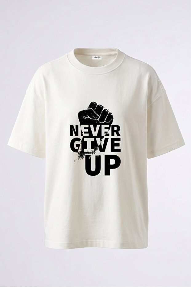 Never Give Up_2 Design Back Printed Cotton White Oversize T-Shirt