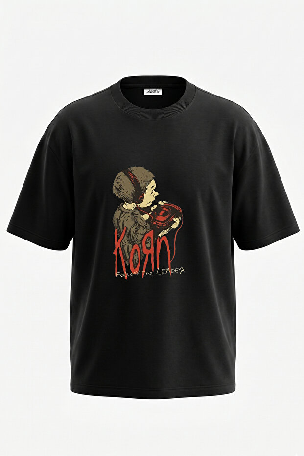 Korn Follow Leader Design Back Printed Cotton Black Oversize T-Shirt