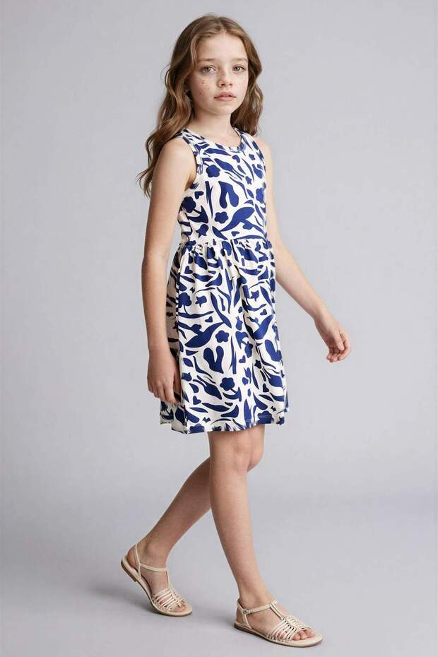 100% Cotton Crew Neck Floral Sleeveless Summer Dress for Girls B4338A826Sm