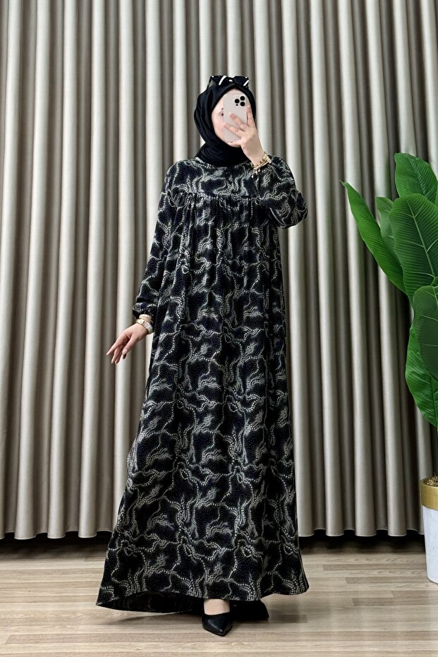 Emi̇ne Elbi̇se Viscose Fabric Women's Black Collar Openable Buttoned Patterned Hijab Dress