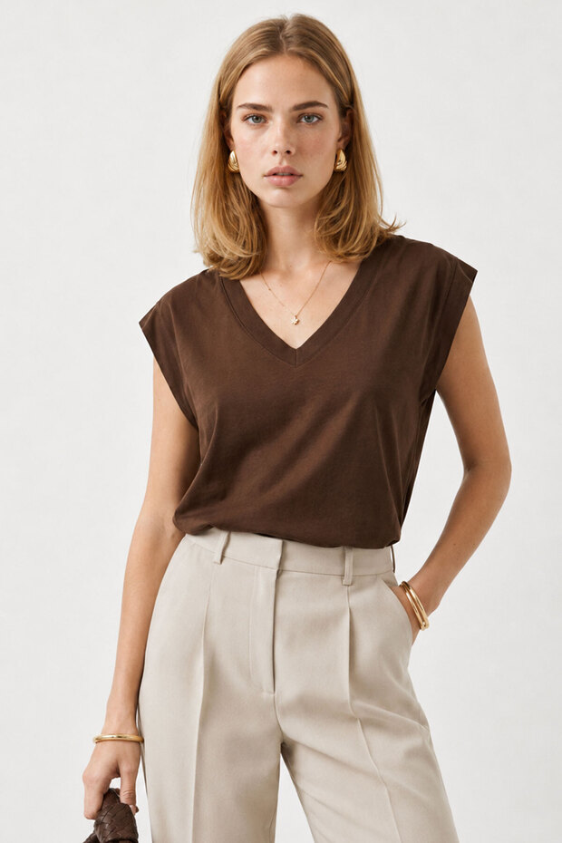 V-Neck Off-Shoulder T-Shirt-Brown