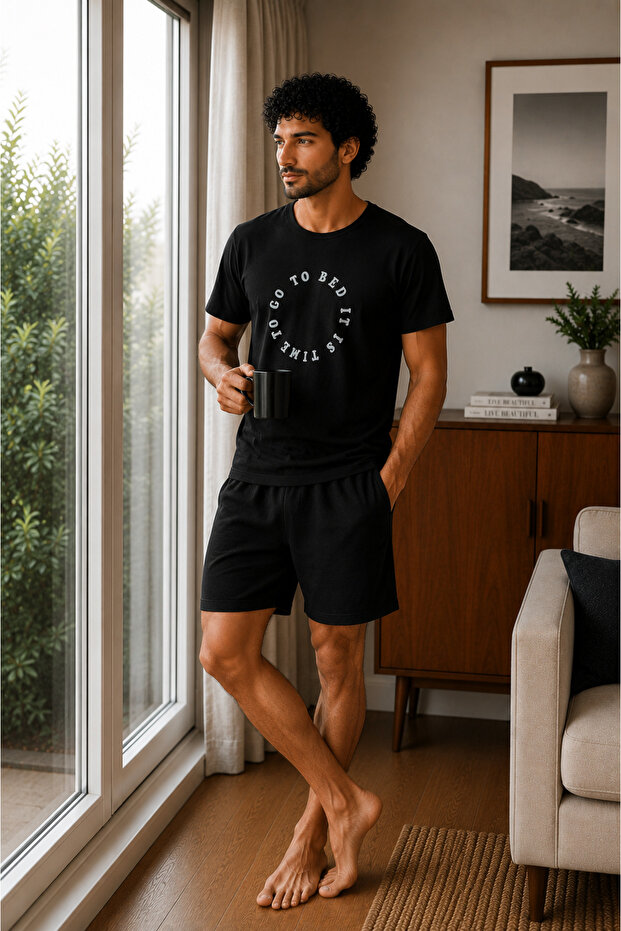 Men's Black 100% Cotton Black Shorts Pajama Set