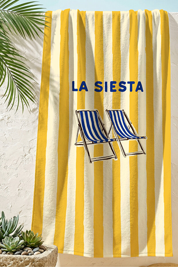 Striped Sunbed Themed Beach Towel - Mediterranean Yellow and White Modern Quick-Drying Microfiber Towel Cover