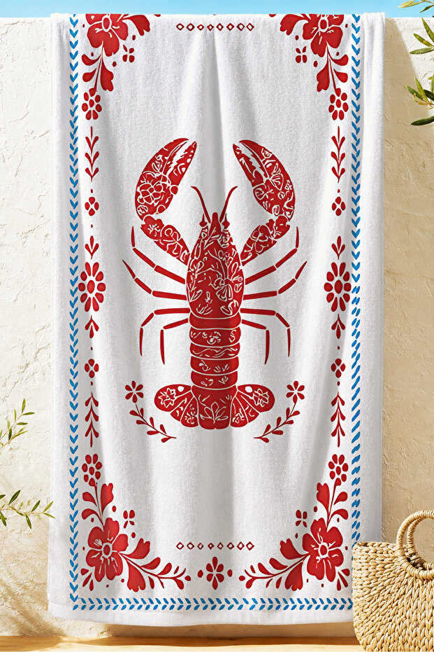 Lobster Marine Themed Beach Towel - Mediterranean Red and White Stylish Quick-Drying Microfiber Towel