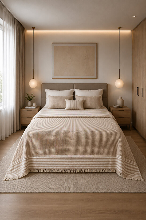 Double 100% Cotton Pique 215X240 cm Tufted Woven Bedspread with Stripe Detail