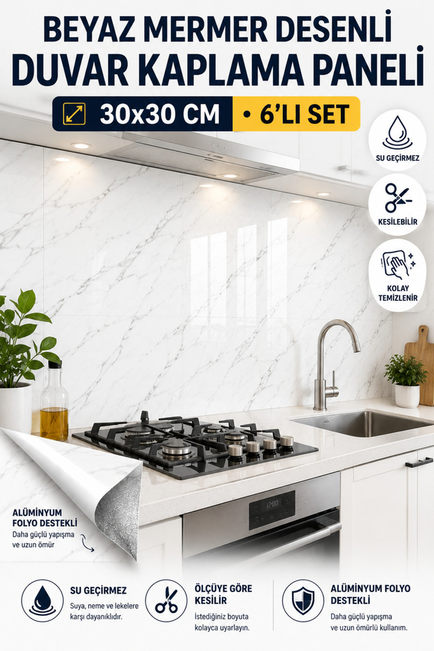 6 قطع من ألواح تغطية الجدران ذات النمط الرخامي الأبيض اللاصقة مقاس 30 × 30 سم جدار زخرفي مقاوم للماء