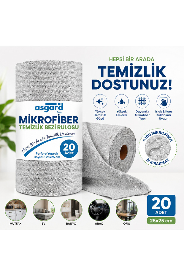 Roll of 20 Gray Color Microfiber Cleaning Cloths 25X25 cm Stain Resistant Odorless Use Without Pulling Out Fibers