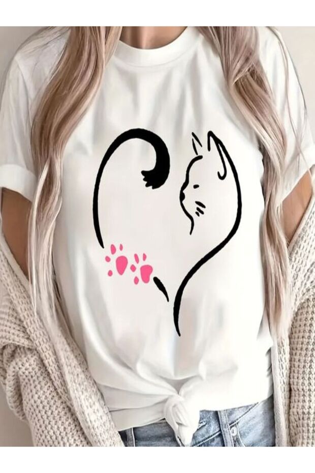 Heart-Shaped Cat Printed White T-Shirt