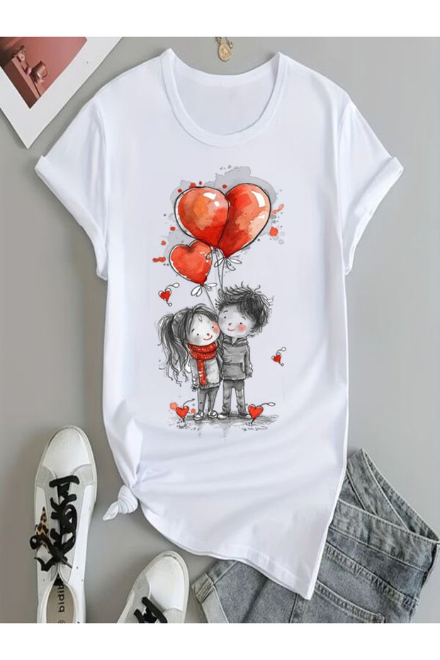 Cute Couple and Heart Balloons Printed White T-Shirt