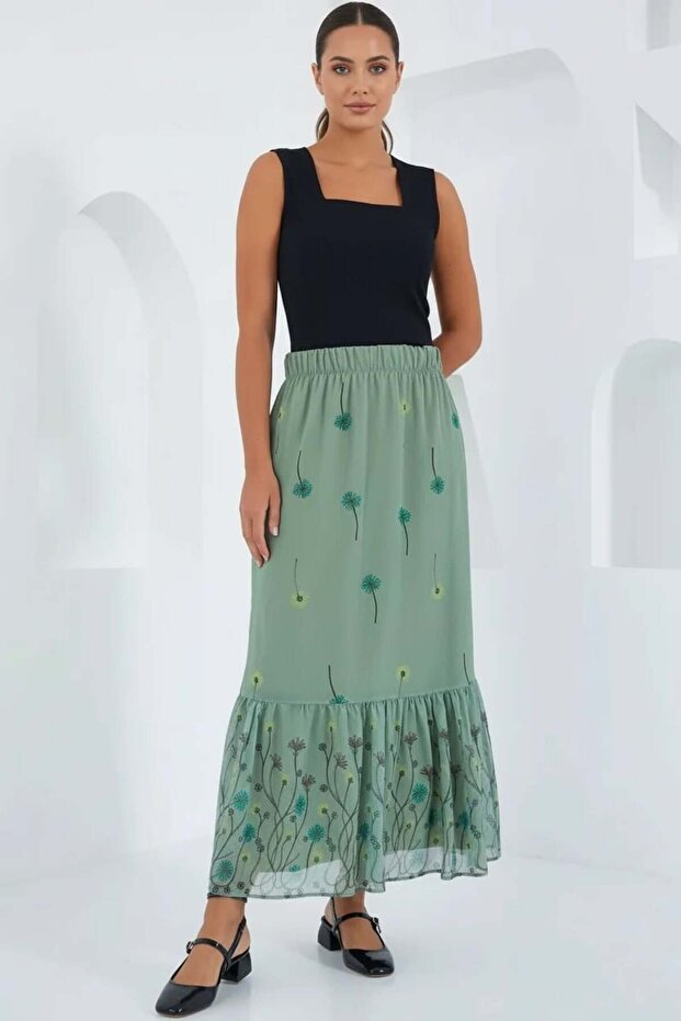 Women's Floral Patterned Chiffon Green Skirt