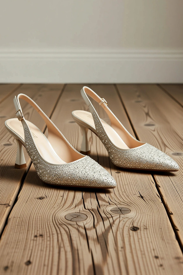 Women's Pointed Toe Pearl Detailed Mid Heeled Sling Back Satin Shoes Daily Comfortable Modern Stylish Elegant