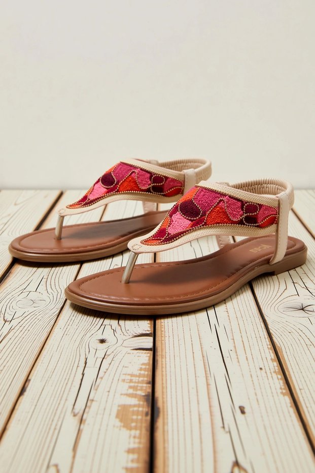 Women's Ankle Strap T-Strap Sandals Color Block Detailed Flat Heel Thermoplastic Sole Casual