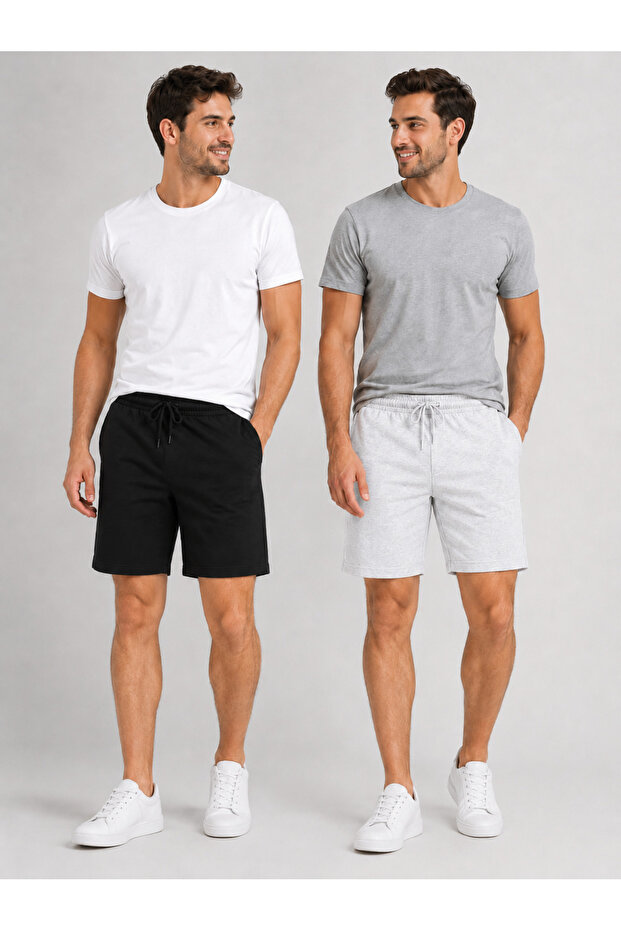 2-Piece Shorts Men's (Black-Grey) Basic Summer Shorts Set - Comfortable Fit Above the Knee 2-Piece Economic Package