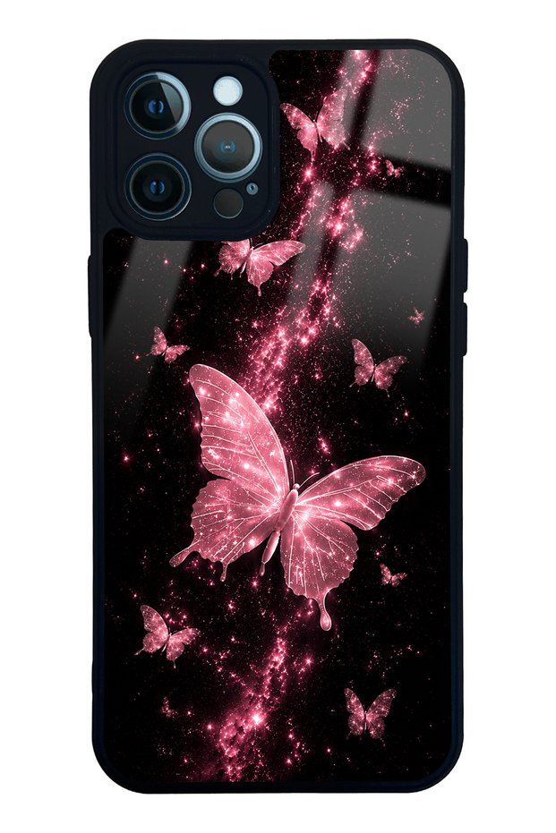 iPhone 12 Pro Max Pink Galaxy Butterfly Design Glossy Phone Case