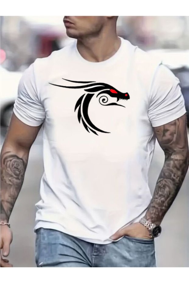 Men's Black Dragon Printed White T-Shirt