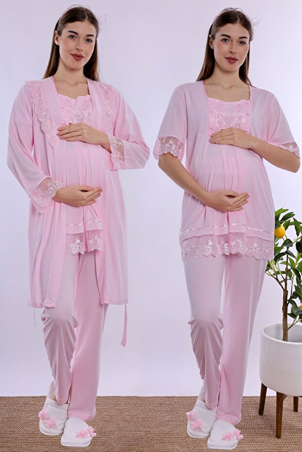 Adjustable Waist Elasticated Maternity Pajama Set with Dressing Gown Effortt - Pink