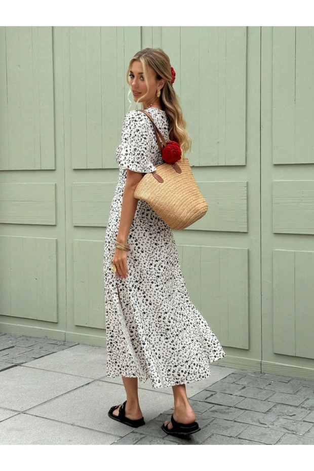 Modern Summer Chic! Women's V-Neck Floral Patterned Slit Midi Dress