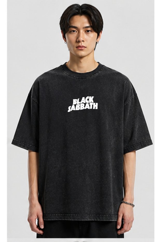 Black Sabbath Vintage Washed Oversize T-Shirt with Front and Back Print Heavy Metal Black Tshirt