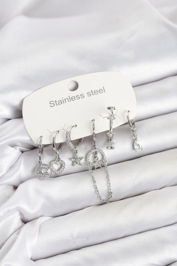 Ramia-Premium | 316L Steel Silver Color Zircon Stone Chain Detailed Women's Earring Set Tj-Bkp11871 | Tg.T