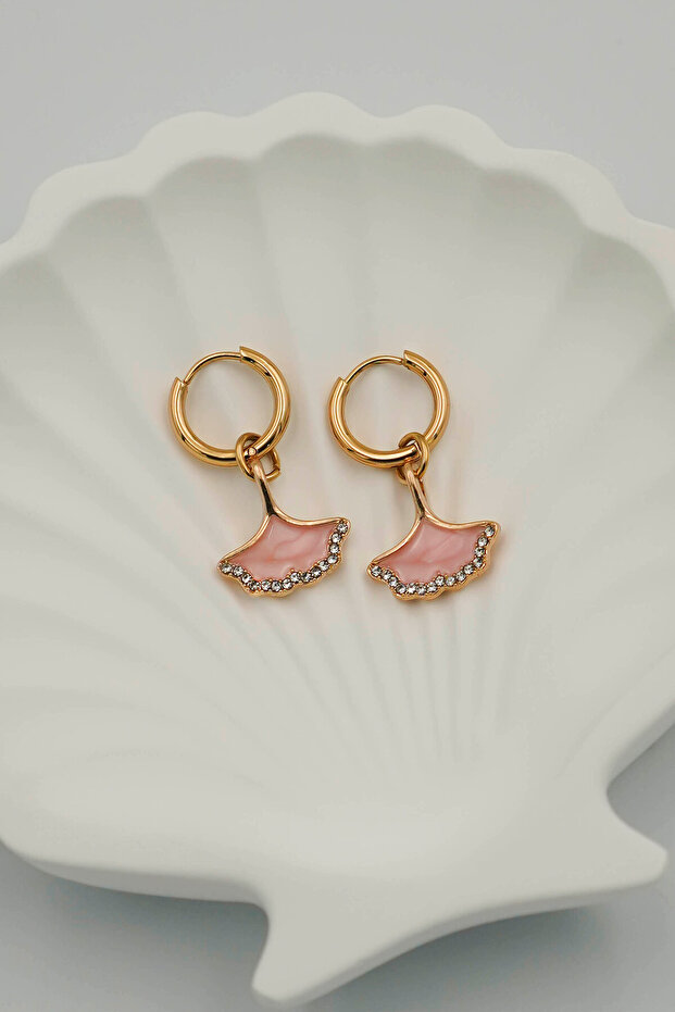 Steel Gold Detailed Zircon Stone Dangle Hoop Earrings