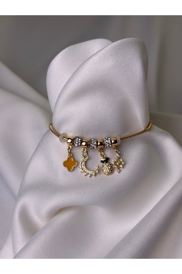 Crescent and Pineapple Charm Detailed Zircon Stone Women's Bracelet