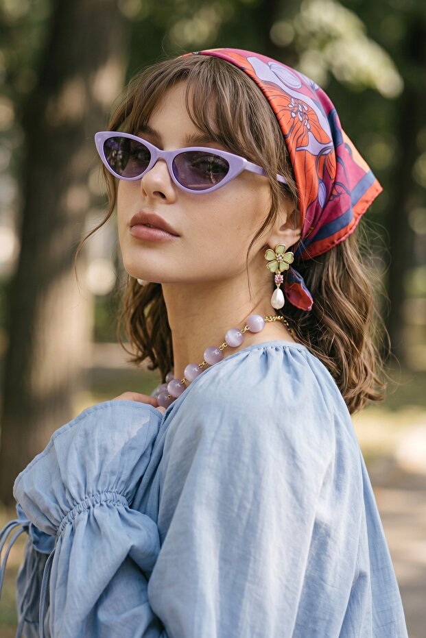 Floral Patterned Red-Pink Bandana Scarf 50X50