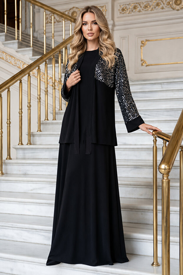 Sequined Hijab Dress A9273-Sn Black