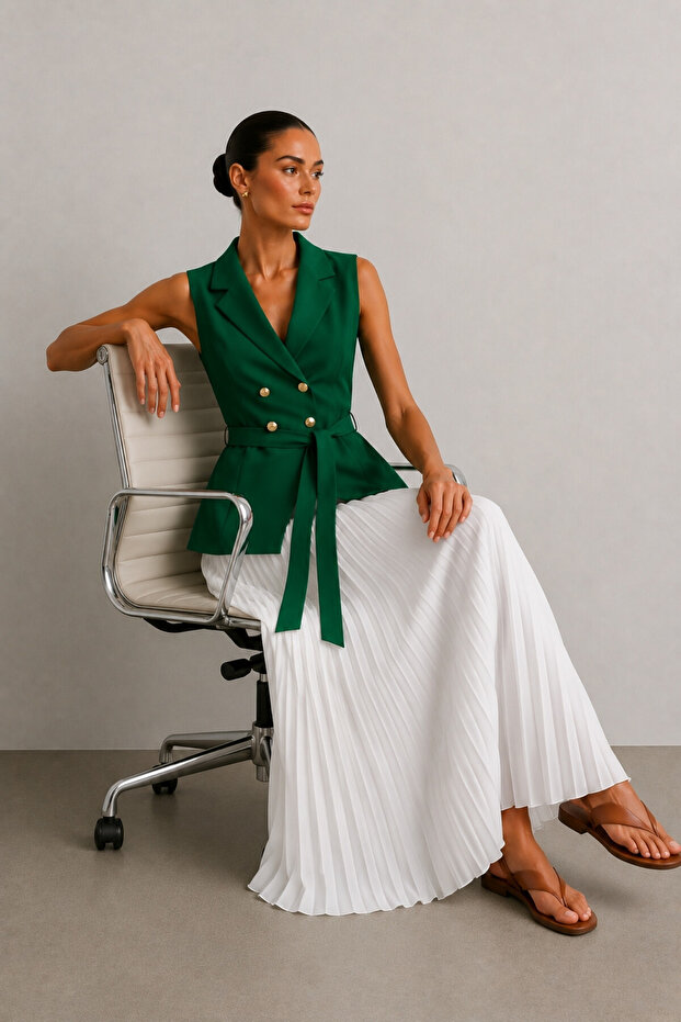 Soleil Vest & Pleated Skirt Set Green