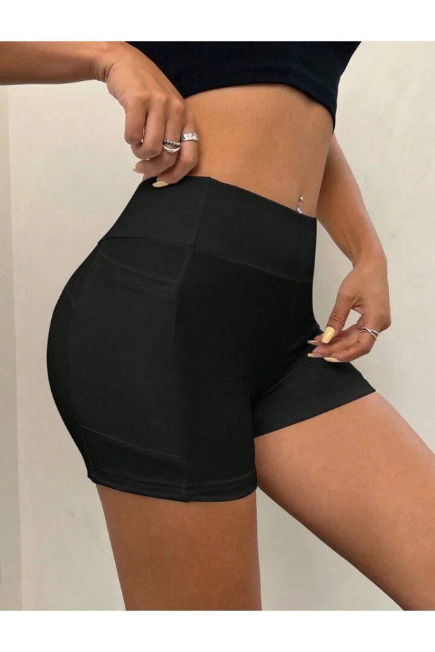 High Waist Gathering Mini Sports Shorts Leggings with Pockets