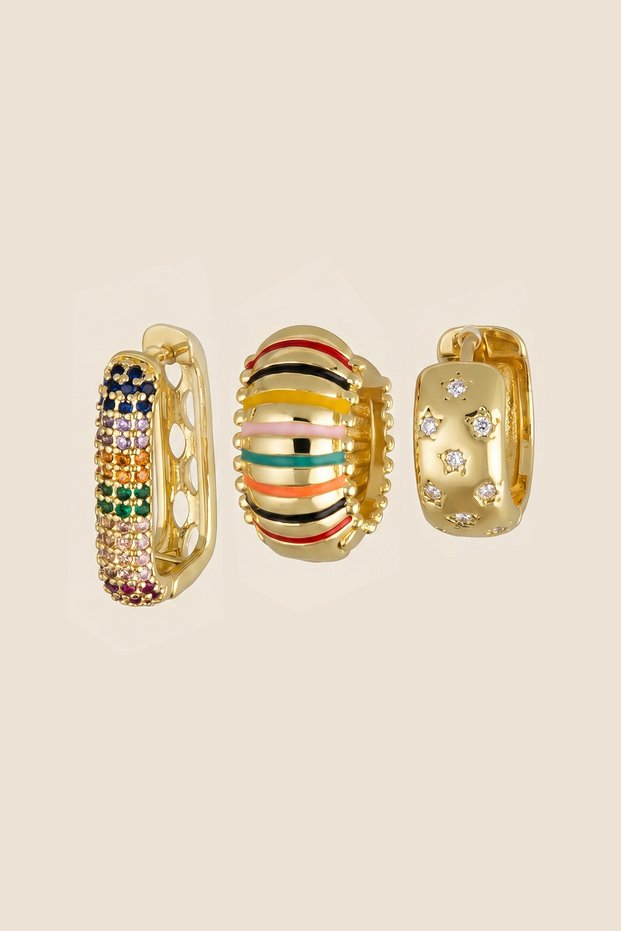 Gold Colored Striped 3-Piece Hoop Earring Set