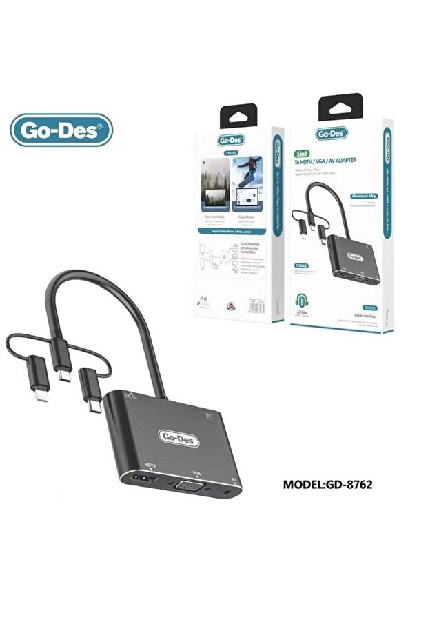 5 in 1 HD Laptop Monitor Player USB-C Lightning Micro USB to HDTV VGA AV Adapter GD-8