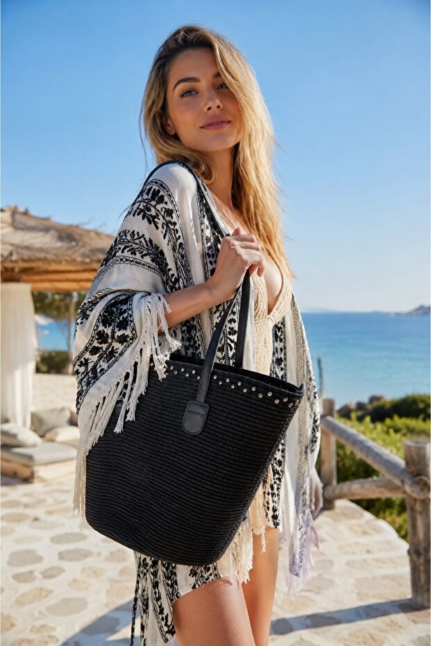 Black Trok Accessory Embroidered Leather Strap Straw Women's Bag