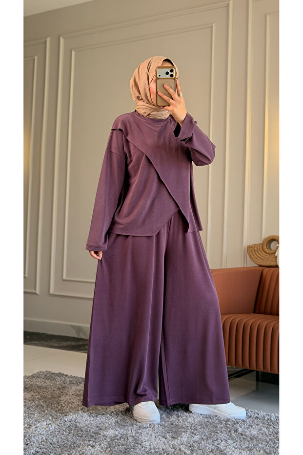 6582 - Stylish Comfortable Casual Modal Asymmetrical Tunic Trousers Women's Set
