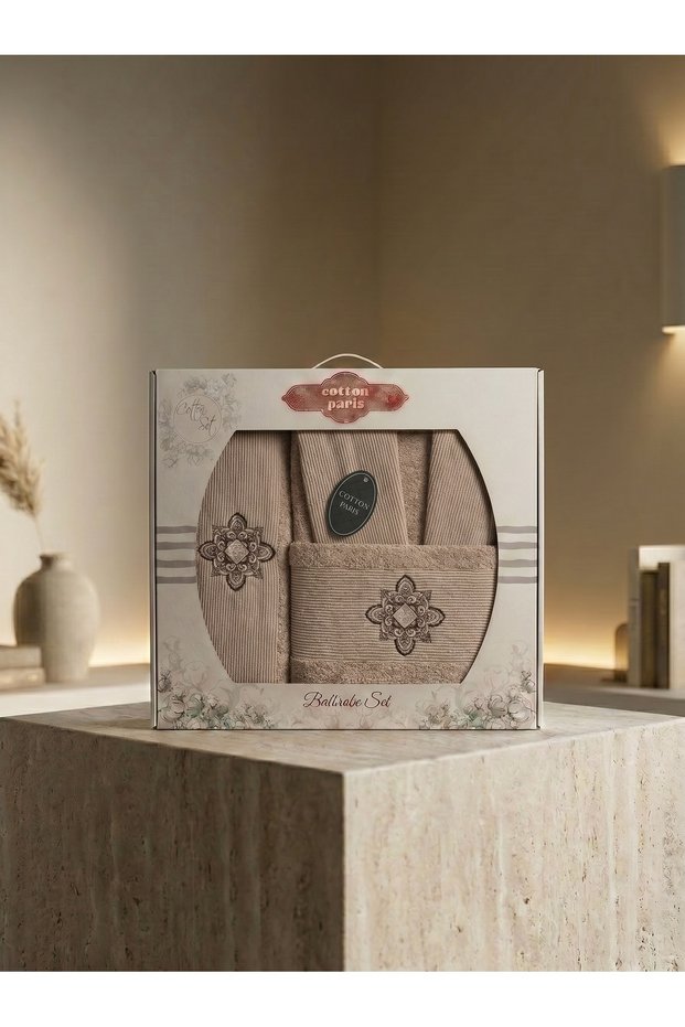 Cotton Paris 100% Cotton Embroidered Luxury Single Bathrobe Set 4 Pieces - Beige Ethnic Pattern