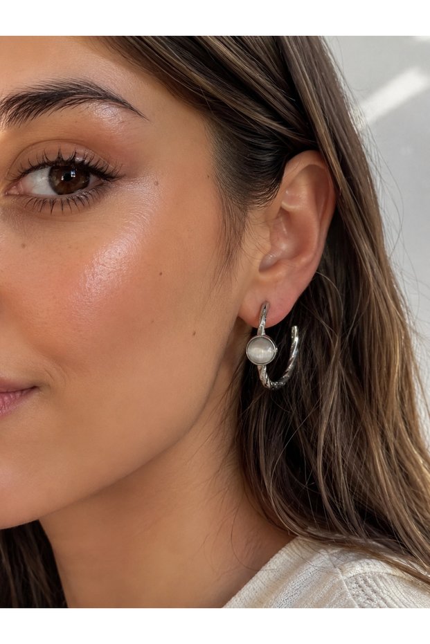 Silver Color Stone Twisted Hoop Earrings