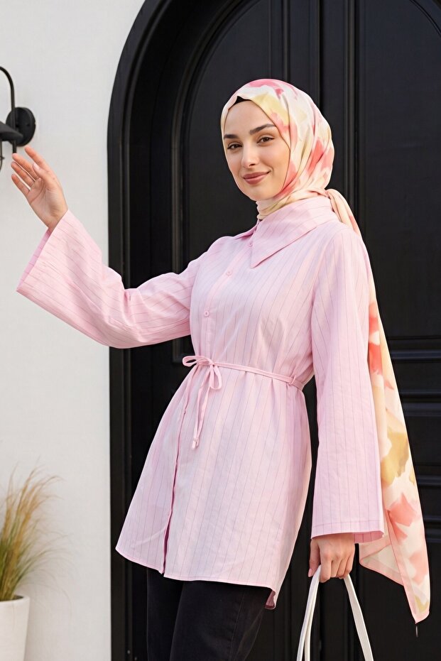 Side Collared, Buttoned, Striped, Lace-Up Crinkle Shirt - Pink