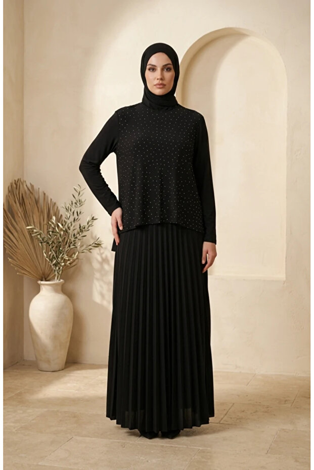 Sandy Fabric Blouse Skirt Hijab Double Set 5583-01 Black