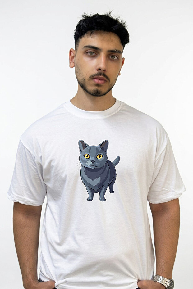 تي شيرت أبيض كبير الحجم مطبوع بتصميم Gray Line Cat Design