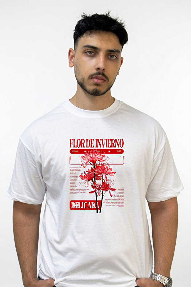 Lycoris Radiata Design Printed Oversize White T-Shirt