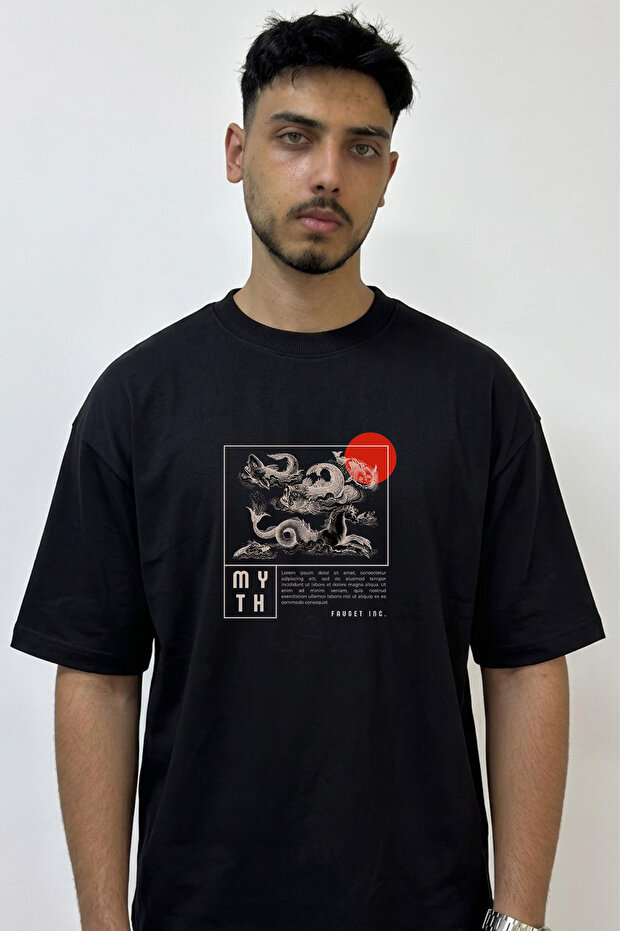 Mythical Sea Monster Design Printed Oversize Black T-Shirt