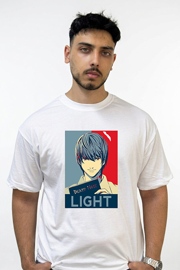 Light Death Note Design Printed Oversize White T-Shirt