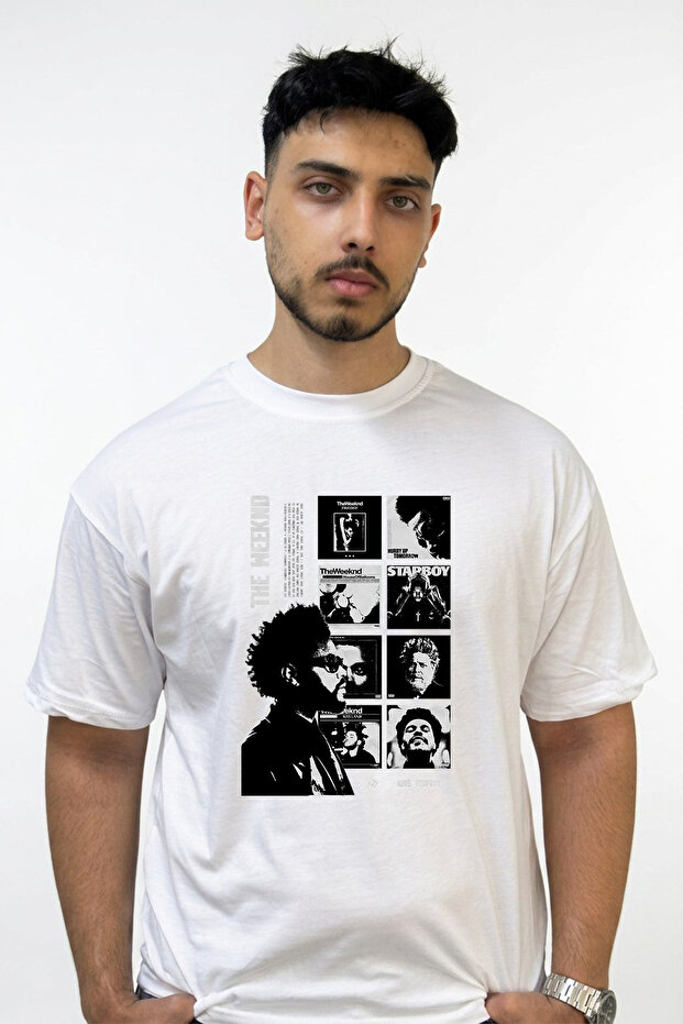 تي شيرت أبيض كبير الحجم مطبوع بتصميم The Weeknd_1