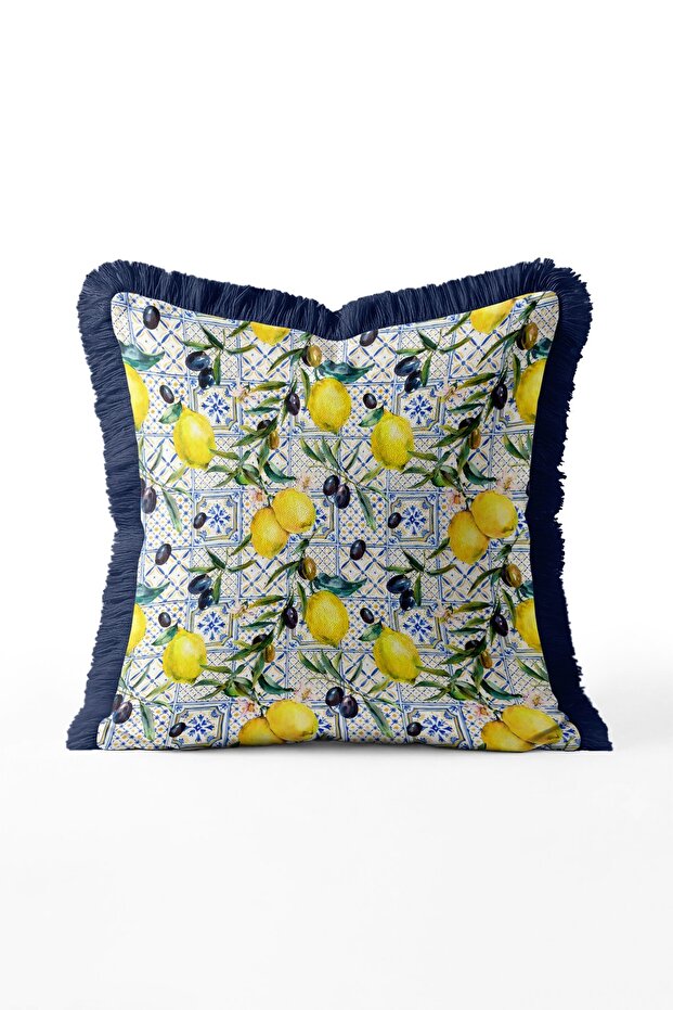 Mediterranean Ceramic Patterned Lemon Olive Motif Fringed Throw Pillow Cover - Navy Blue Tasseled Pillowcase