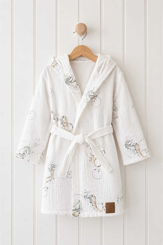 Organic Muslin Fabric Seahorse Patterned Hooded Children's Bathrobe
