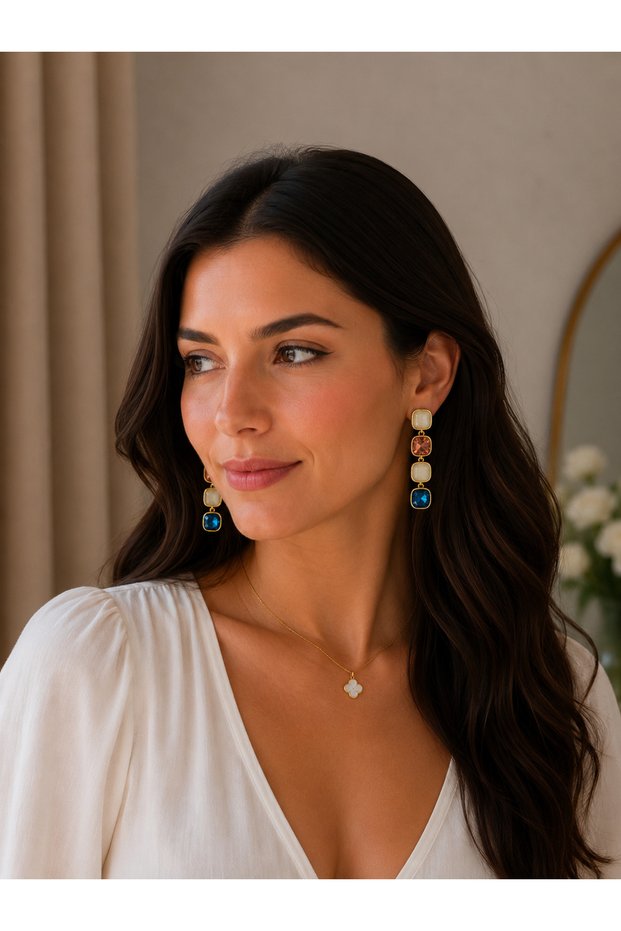 Gold Plated Colorful Stone Dangle Earrings for Women Stylish Crystal Stone Detailed Daily Evening Dress Earrings