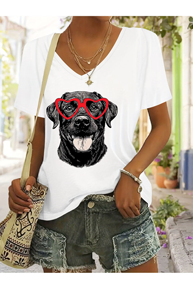 Women's Mix Printed V-Neck Sleeved Regular Fit Comfortable T-Shirt