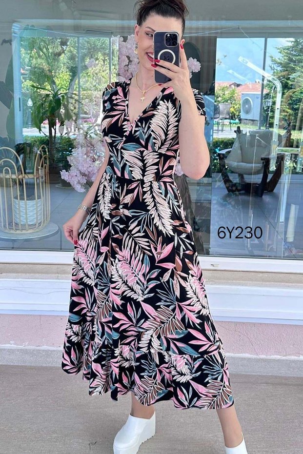 Double-Breasted Collar Skirt Pleated Viscose Dress 6Y230